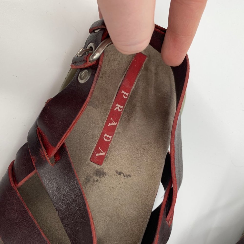 PRADA Strappy Sandal Leather Burgundy 38.5 Shoe - Picture 5 of 11
